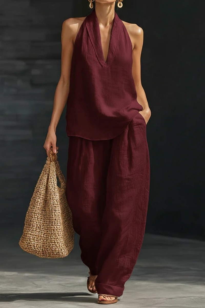 Women's V-neck Top + Tencel Linen Casual Suit