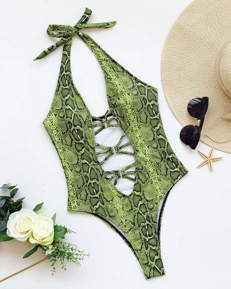 Snake-print Cutout Halter Neck Strap One-piece Swimsuit
