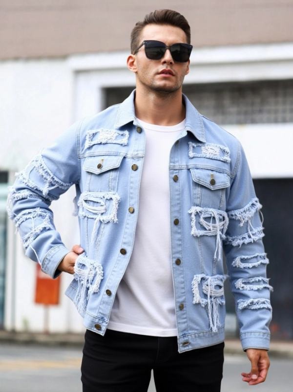 Men's Light Wash Ripped Denim Jacket, 100% Cotton Slim Fit Patchwork Jean Jacket for All Seasons