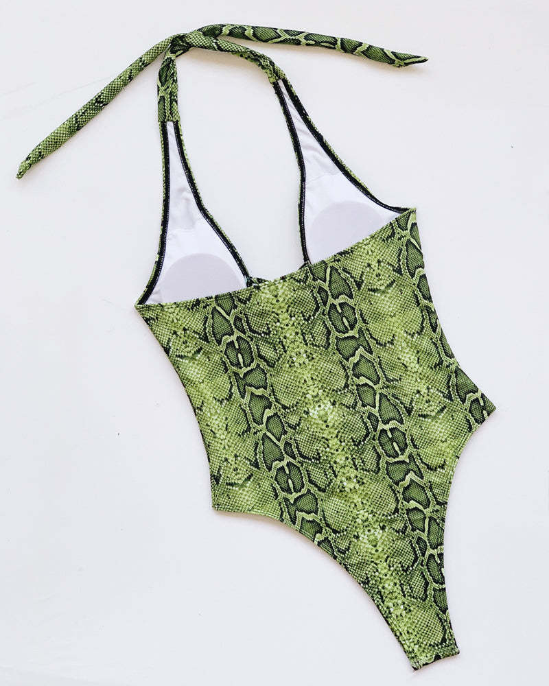 Snake-print Cutout Halter Neck Strap One-piece Swimsuit