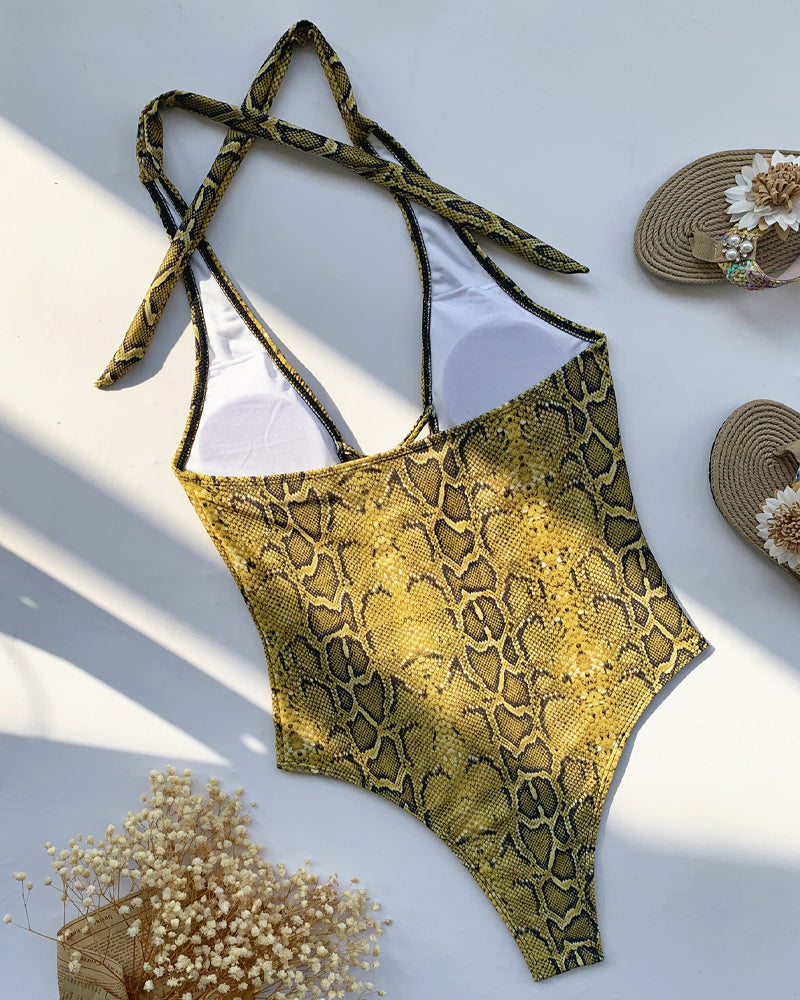 Snake-print Cutout Halter Neck Strap One-piece Swimsuit