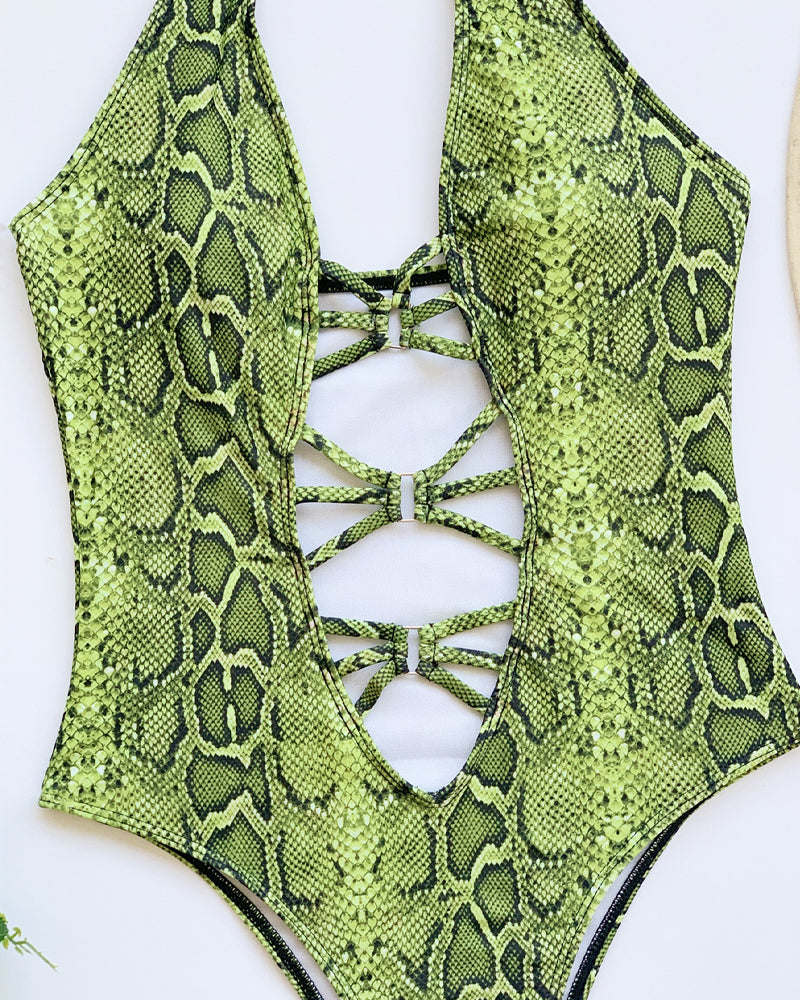 Snake-print Cutout Halter Neck Strap One-piece Swimsuit