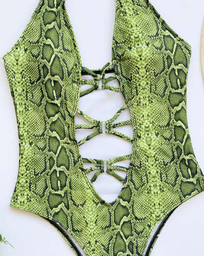 Snake-print Cutout Halter Neck Strap One-piece Swimsuit