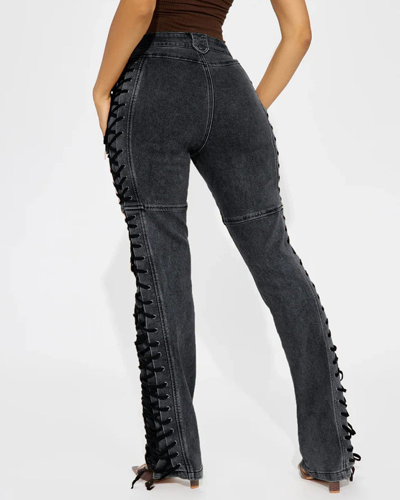 Fashion Side Drawstring Flared Jeans