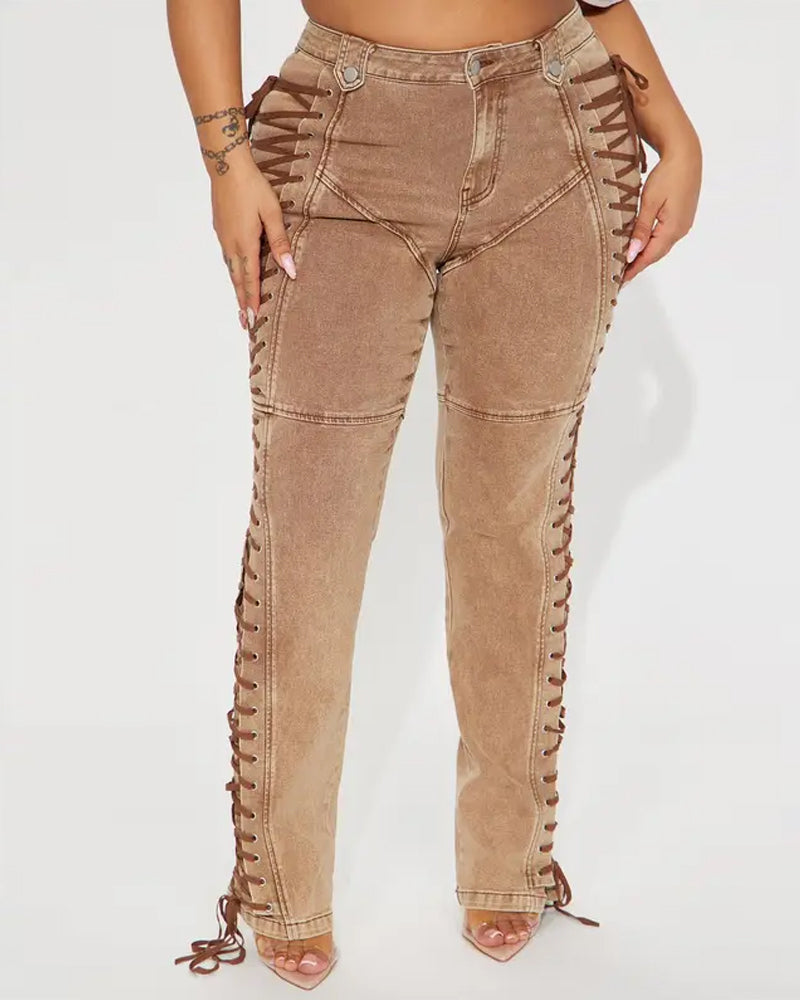 Fashion Side Drawstring Flared Jeans