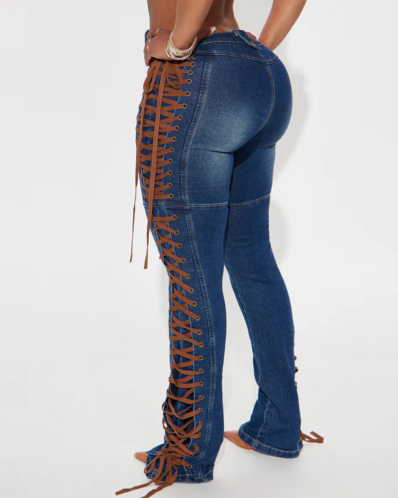Fashion Side Drawstring Flared Jeans