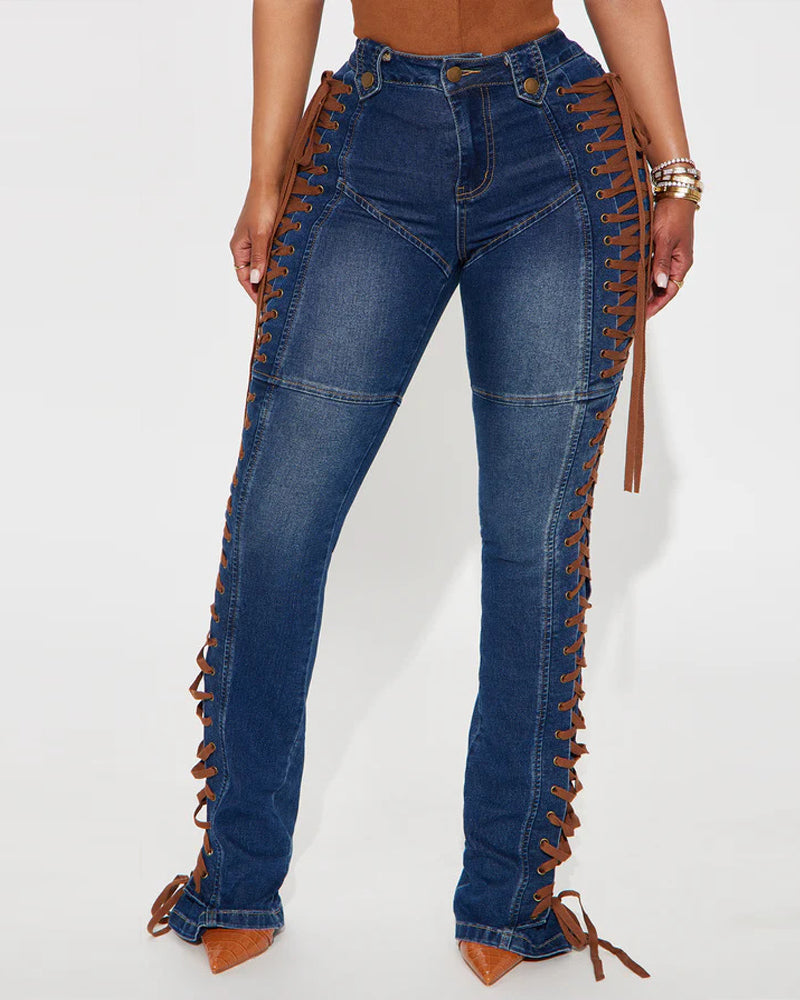 Fashion Side Drawstring Flared Jeans