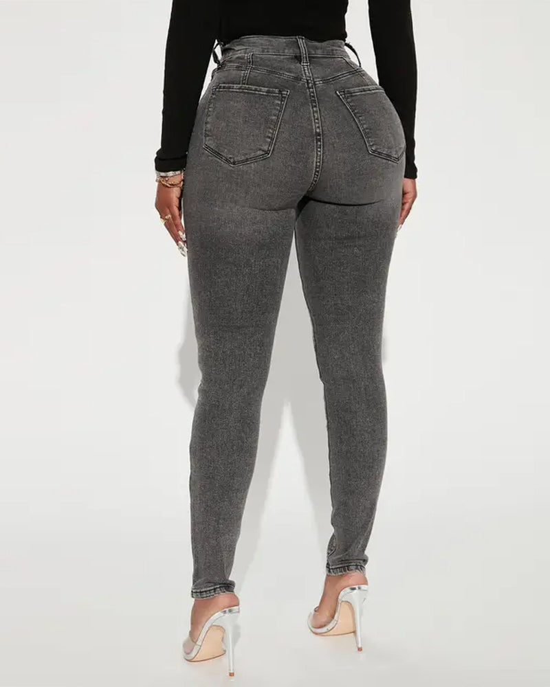 Washed High-stretch Tight-fitting Ripped Skinny Jeans