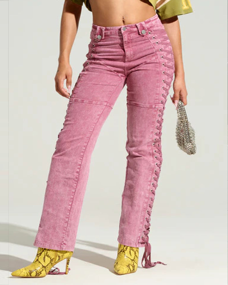 Fashion Side Drawstring Flared Jeans