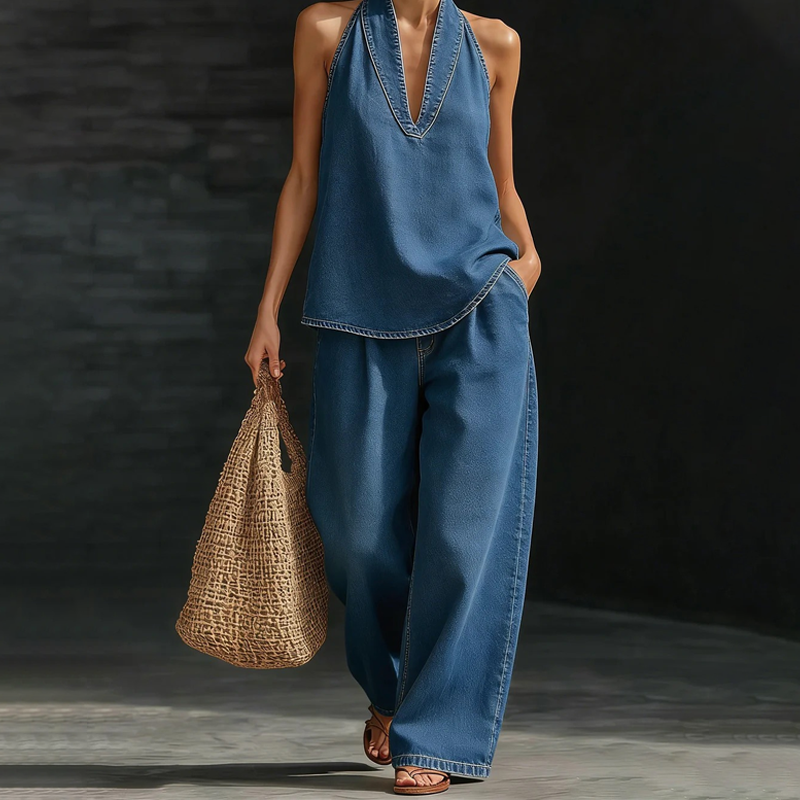 Women's Casual Halter Top & Wide-Leg Pants Set
