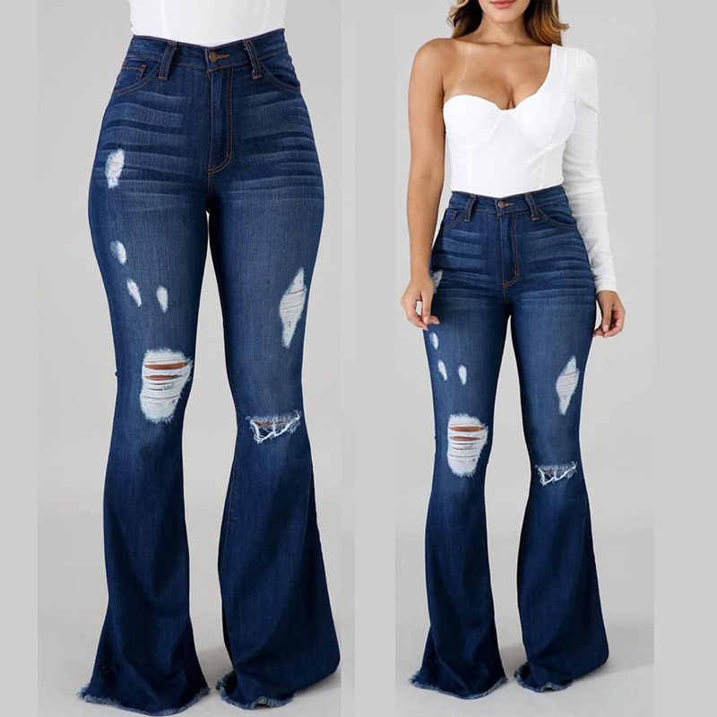 Womens High Waist Ripped Flare Jeans