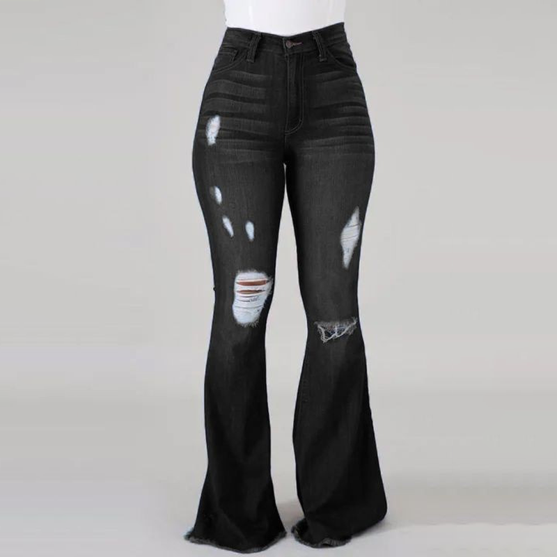 Womens High Waist Ripped Flare Jeans