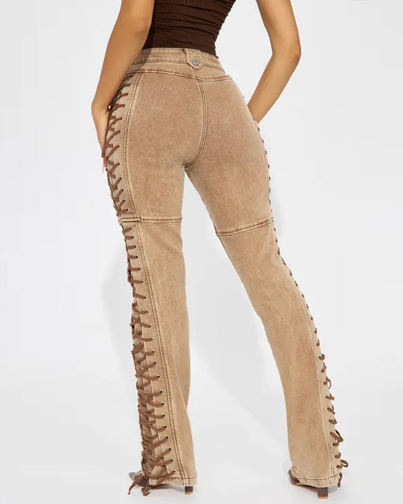 Fashion Side Drawstring Flared Jeans