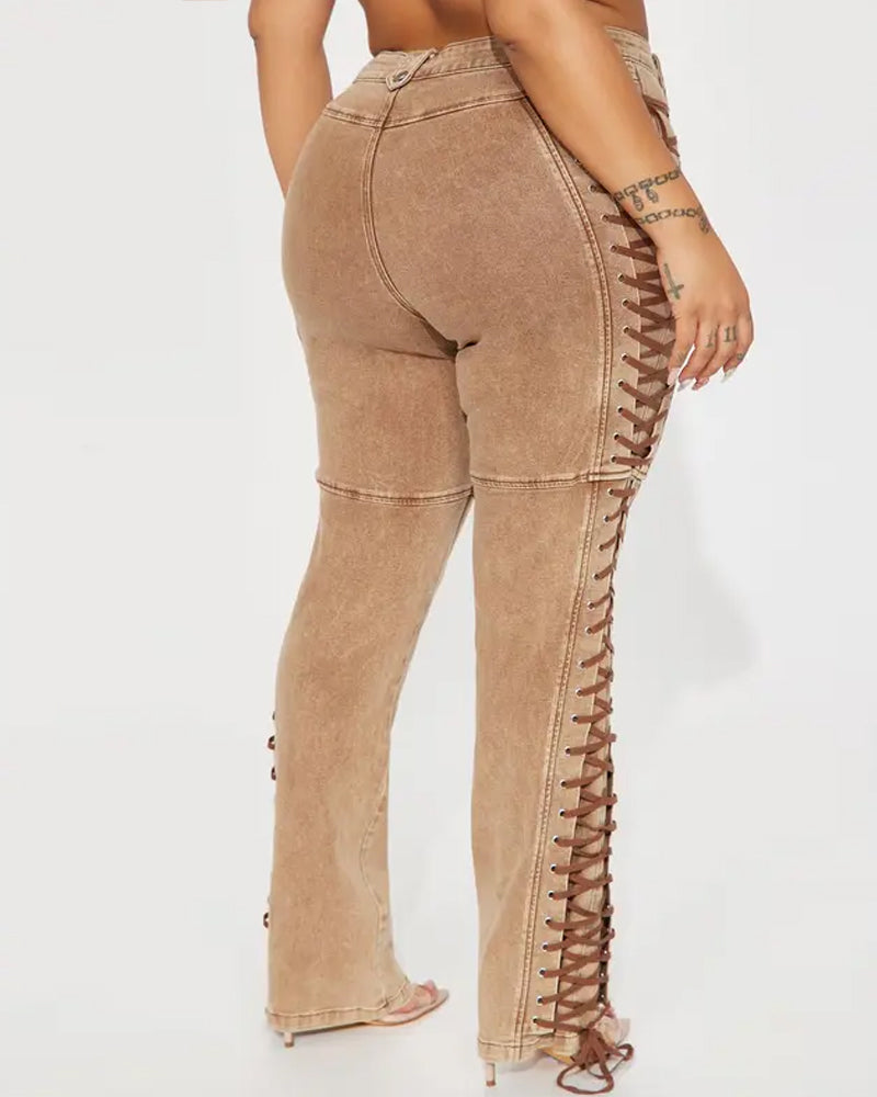 Fashion Side Drawstring Flared Jeans