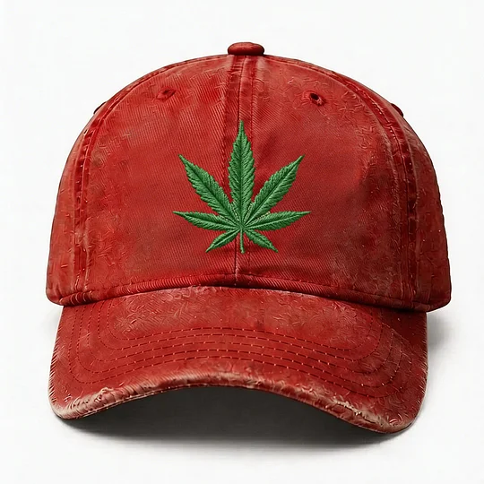 Cannabis Leaf Embroidered Distressed Cap, Vintage Weed Leaf Baseball Cap