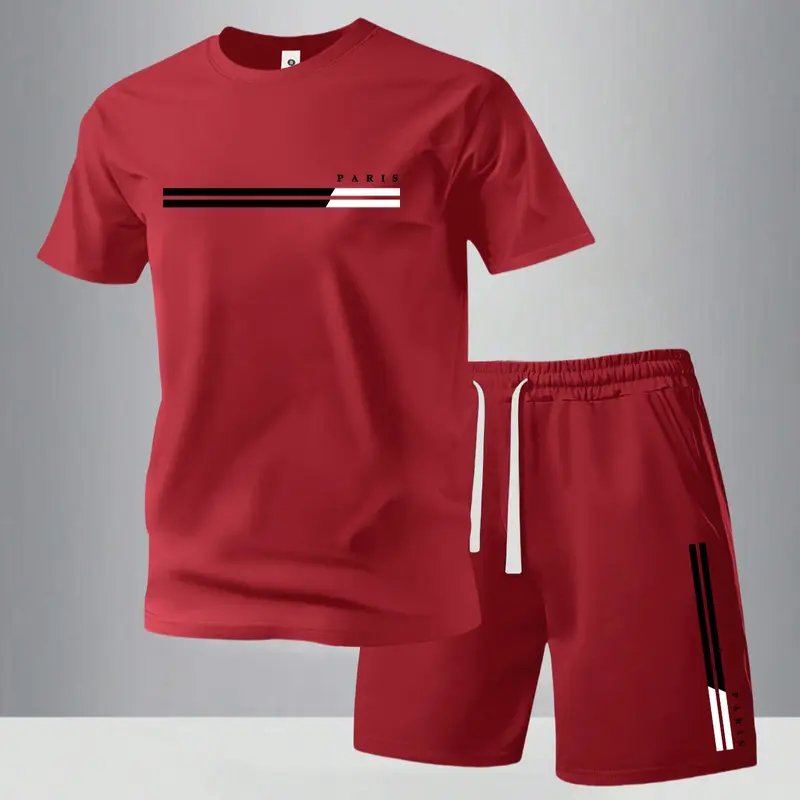 Men's Summer Regular-Fit Cotton Short-Sleeve T-Shirt and Shorts Set with Paris Letter Print