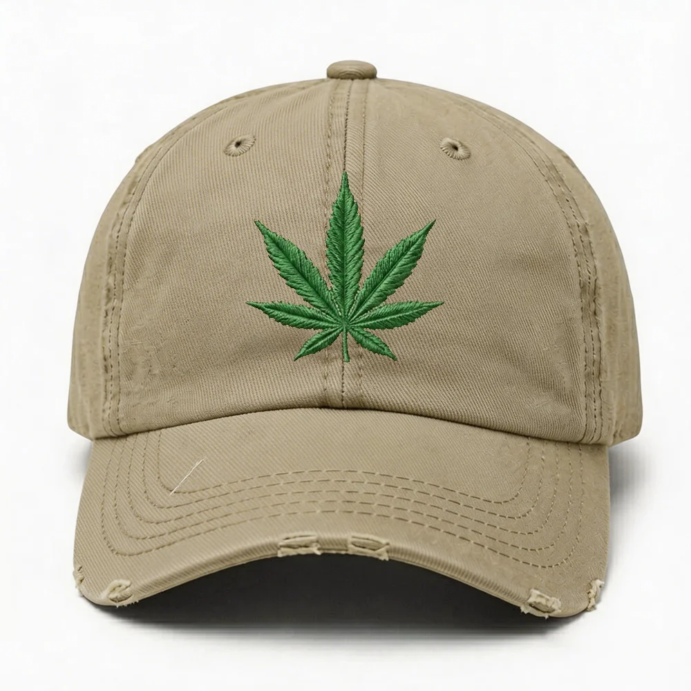 Cannabis Leaf Embroidered Distressed Cap, Vintage Weed Leaf Baseball Cap