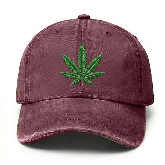Cannabis Leaf Embroidered Distressed Cap, Vintage Weed Leaf Baseball Cap