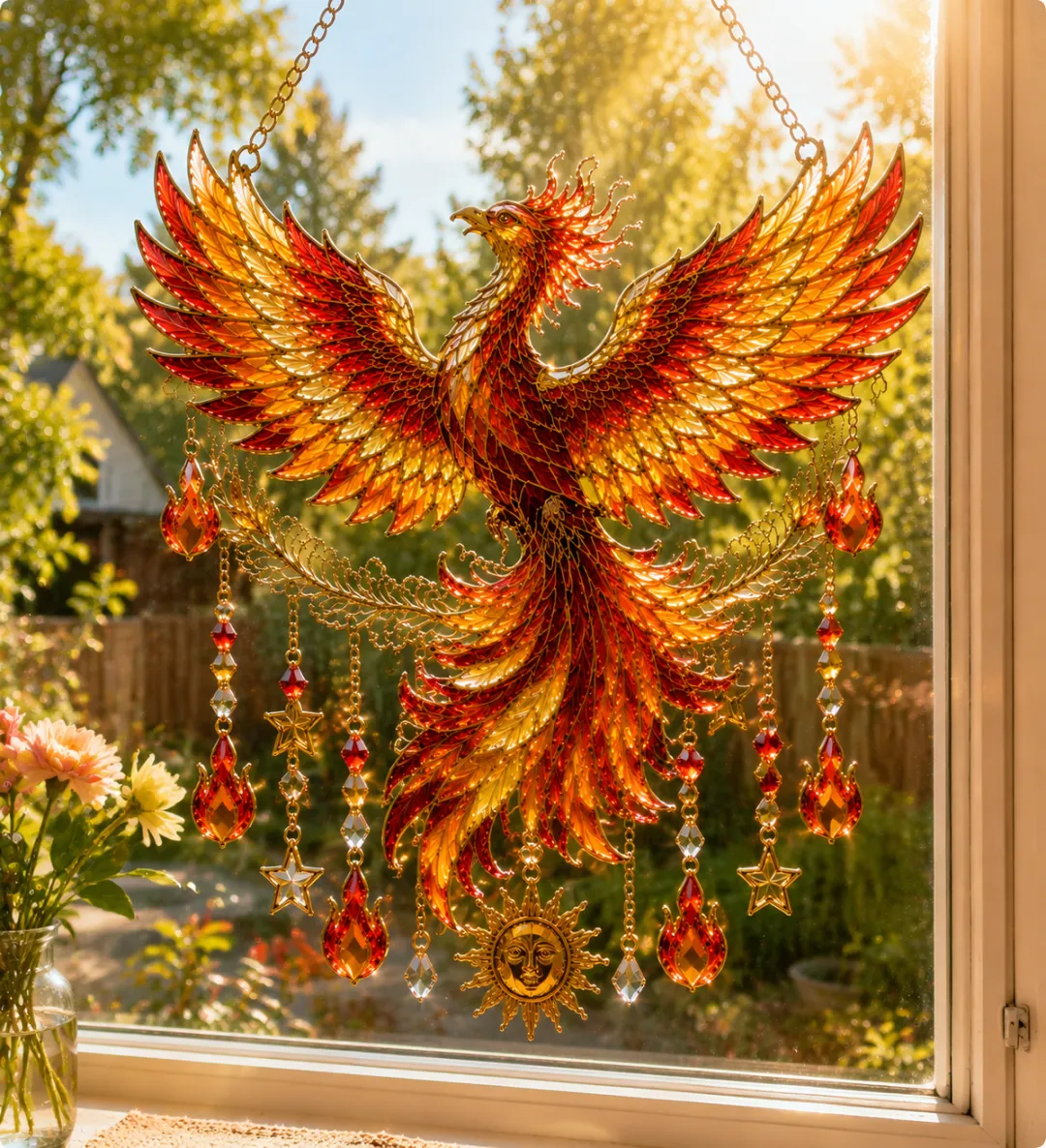 Phoenix Flame Suncatcher Hanging Ornament – Handcrafted Firebird Window Decor with Crystal Charms