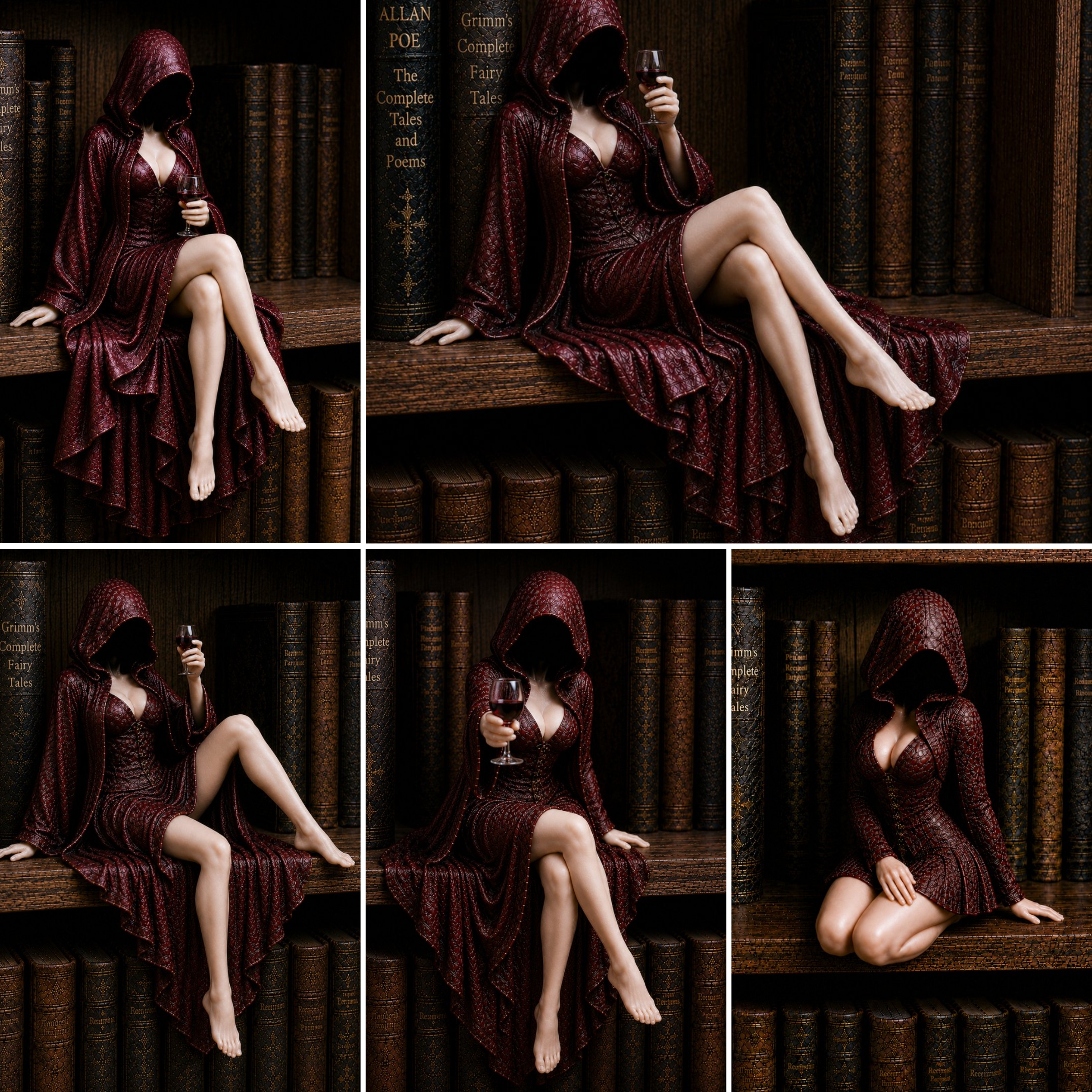 "Midnight Reader" Hooded Wine Muse Bookshelf Statue – Gothic Fantasy Shelf Decor