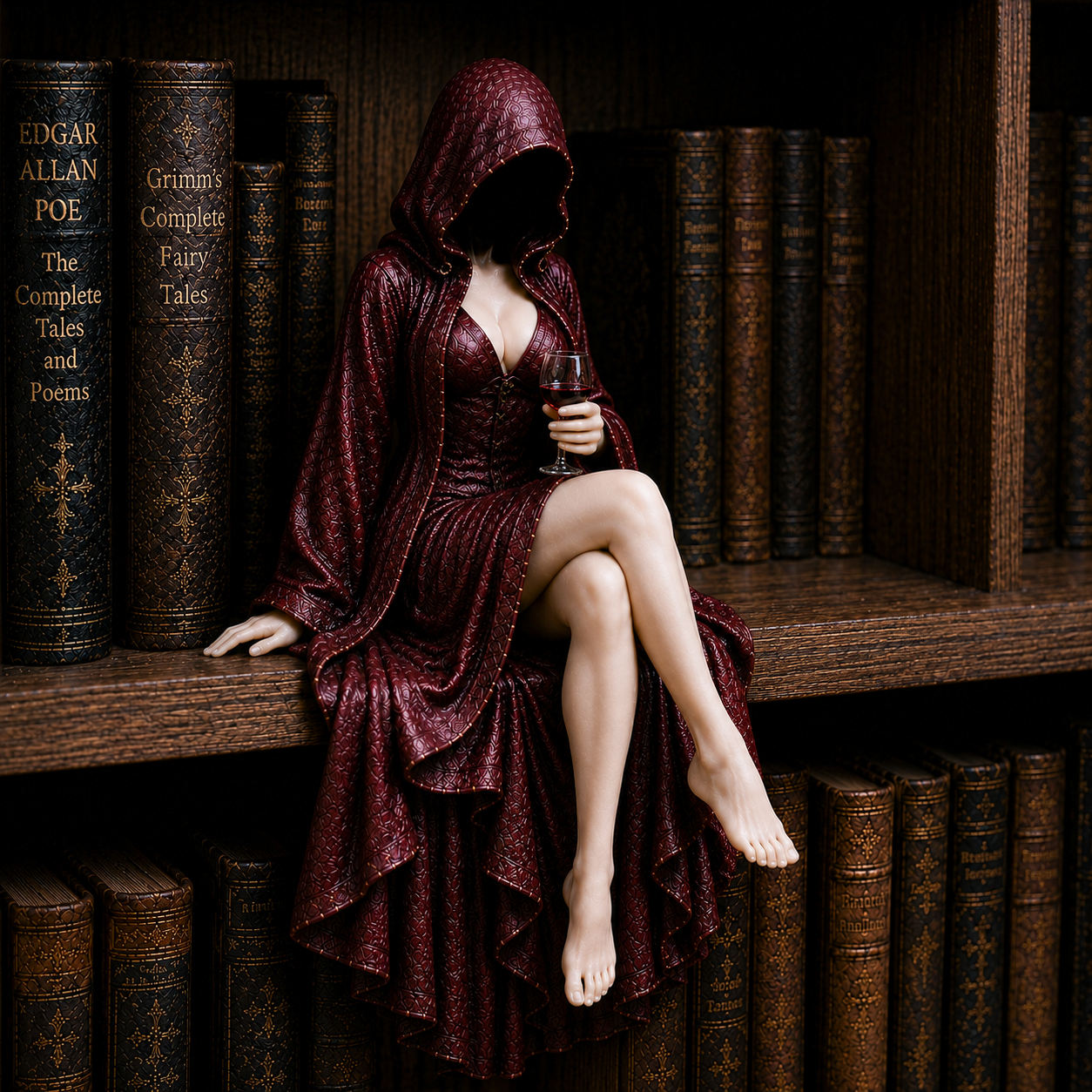 "Midnight Reader" Hooded Wine Muse Bookshelf Statue – Gothic Fantasy Shelf Decor
