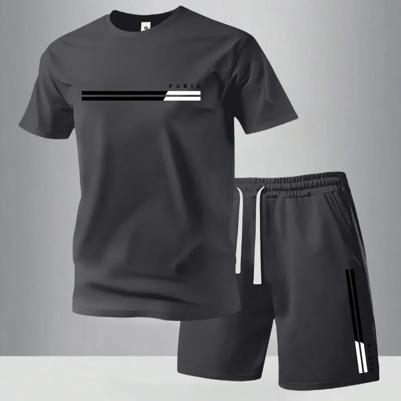 Men's Summer Regular-Fit Cotton Short-Sleeve T-Shirt and Shorts Set with Paris Letter Print