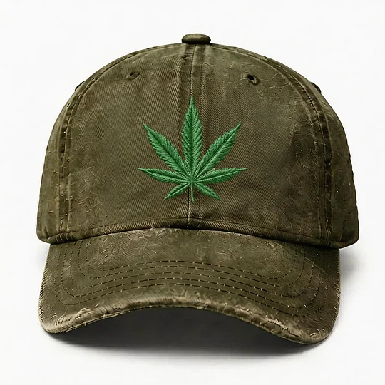 Cannabis Leaf Embroidered Distressed Cap, Vintage Weed Leaf Baseball Cap