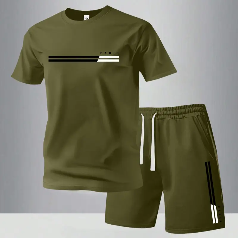 Men's Summer Regular-Fit Cotton Short-Sleeve T-Shirt and Shorts Set with Paris Letter Print