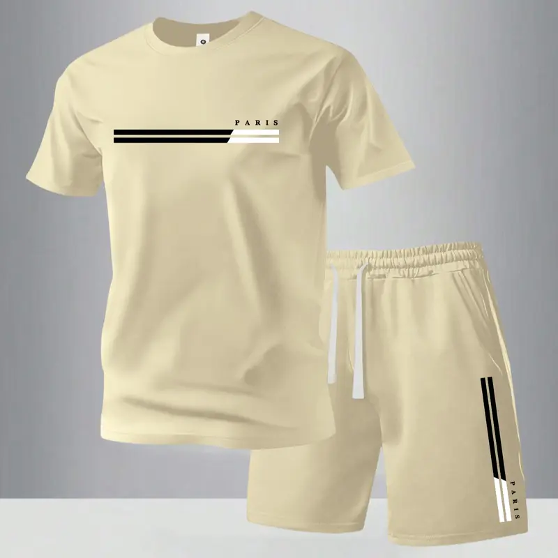 Men's Summer Regular-Fit Cotton Short-Sleeve T-Shirt and Shorts Set with Paris Letter Print