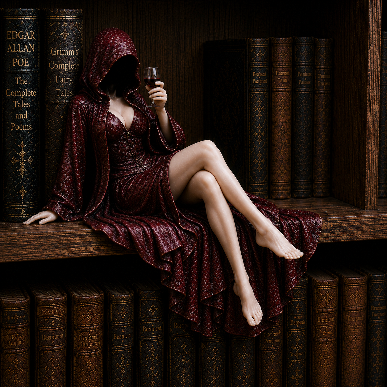 "Midnight Reader" Hooded Wine Muse Bookshelf Statue – Gothic Fantasy Shelf Decor