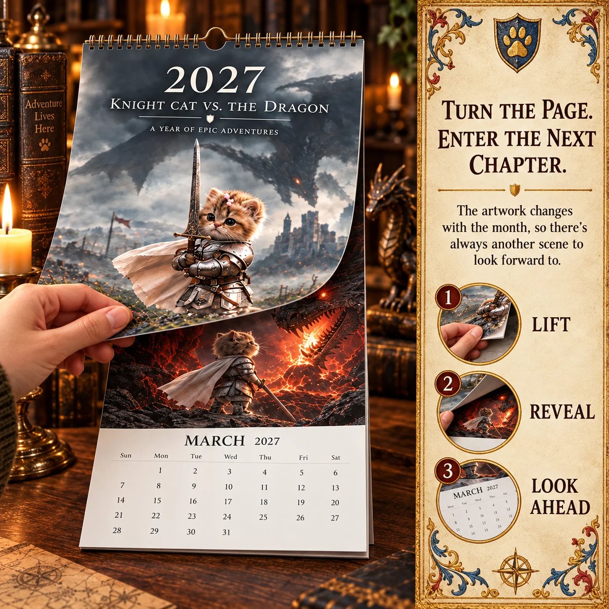 Calendar page being turned to reveal another dragon-themed monthly scene