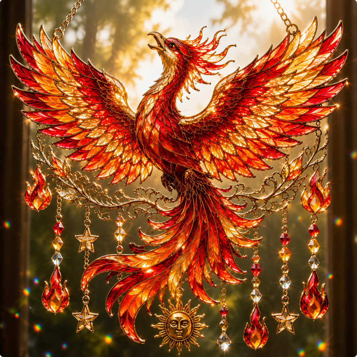 Phoenix Flame Suncatcher Hanging Ornament – Handcrafted Firebird Window Decor with Crystal Charms
