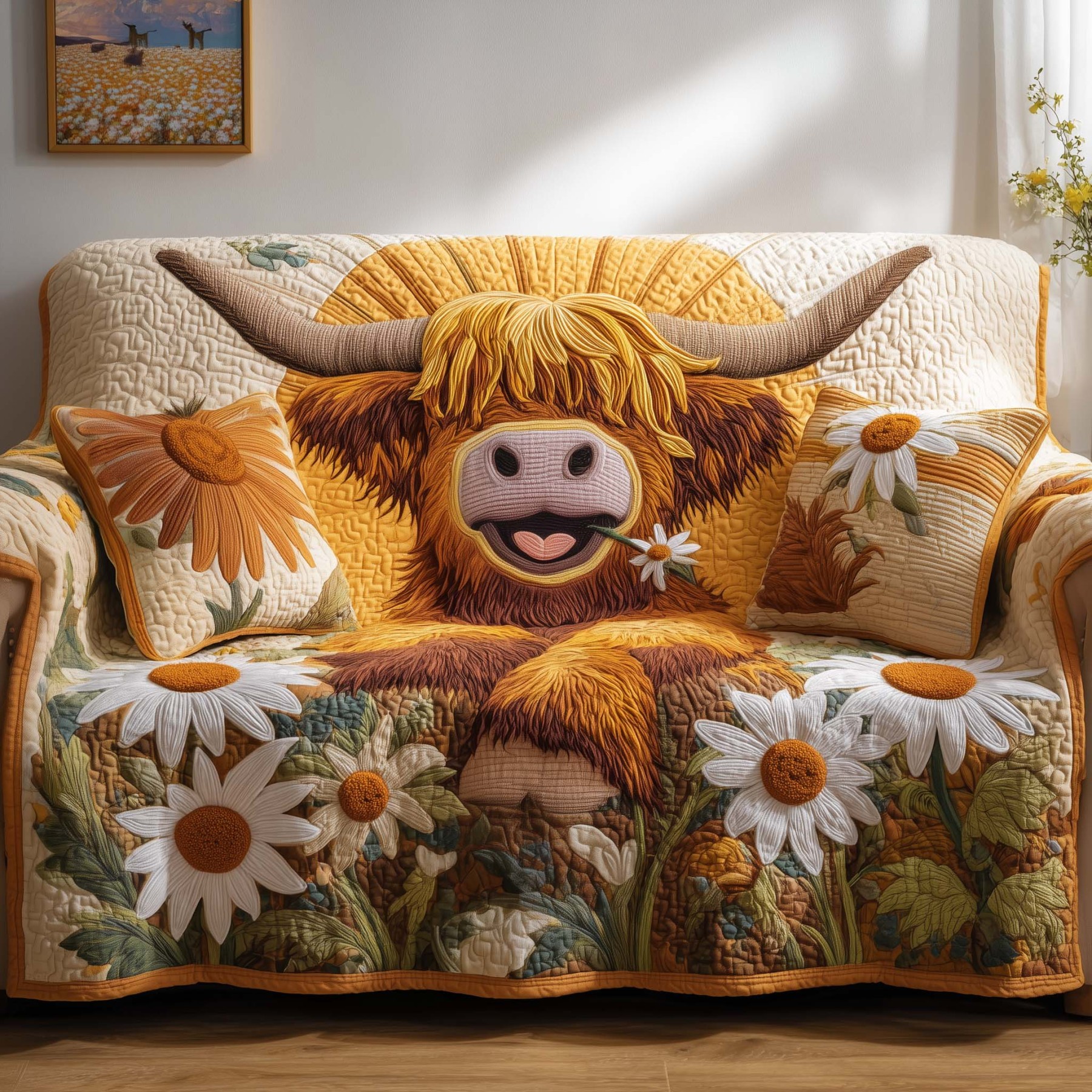 Highland Cow Quilted Sofa Cover