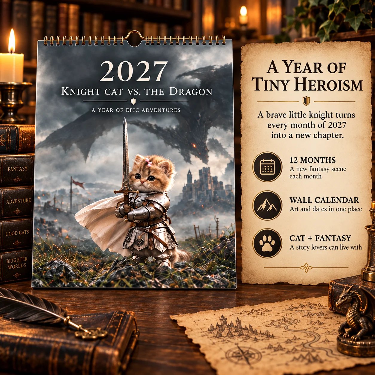 Knight Cat 2027 calendar cover with an adjacent overview of the twelve-month fantasy story