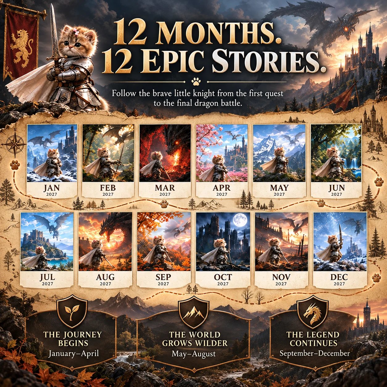 Twelve illustrated monthly scenes from the Knight Cat fantasy calendar