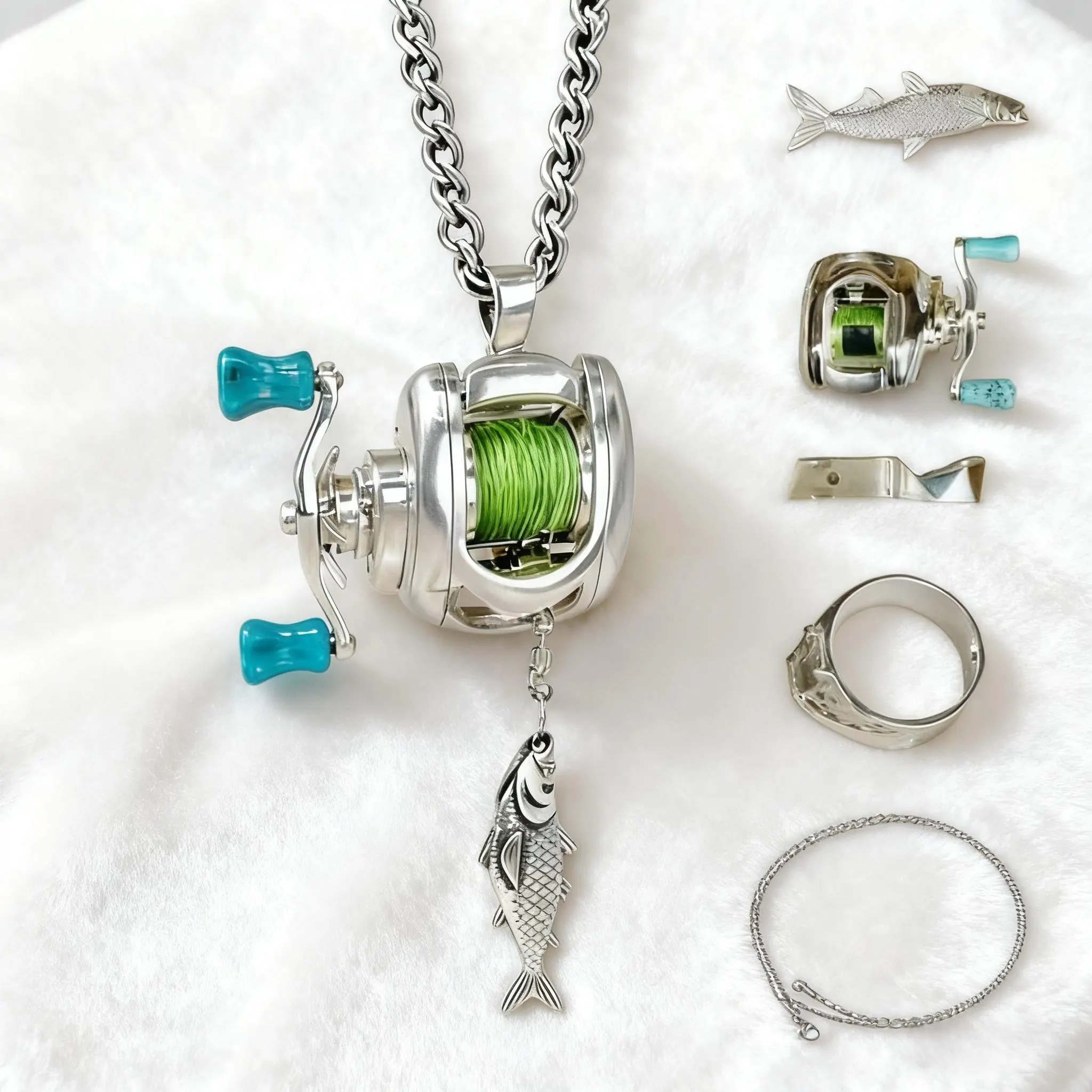 Rotating Mini Fishing Reel Necklace