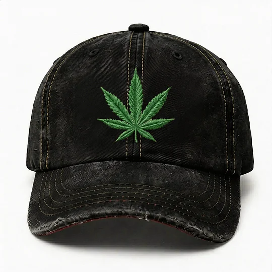 Cannabis Leaf Embroidered Distressed Cap, Vintage Weed Leaf Baseball Cap