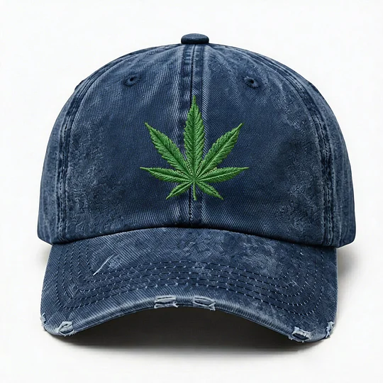 Cannabis Leaf Embroidered Distressed Cap, Vintage Weed Leaf Baseball Cap