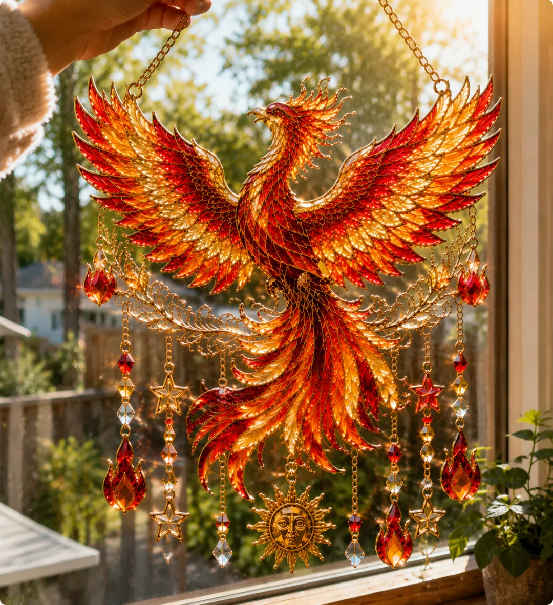 Phoenix Flame Suncatcher Hanging Ornament – Handcrafted Firebird Window Decor with Crystal Charms