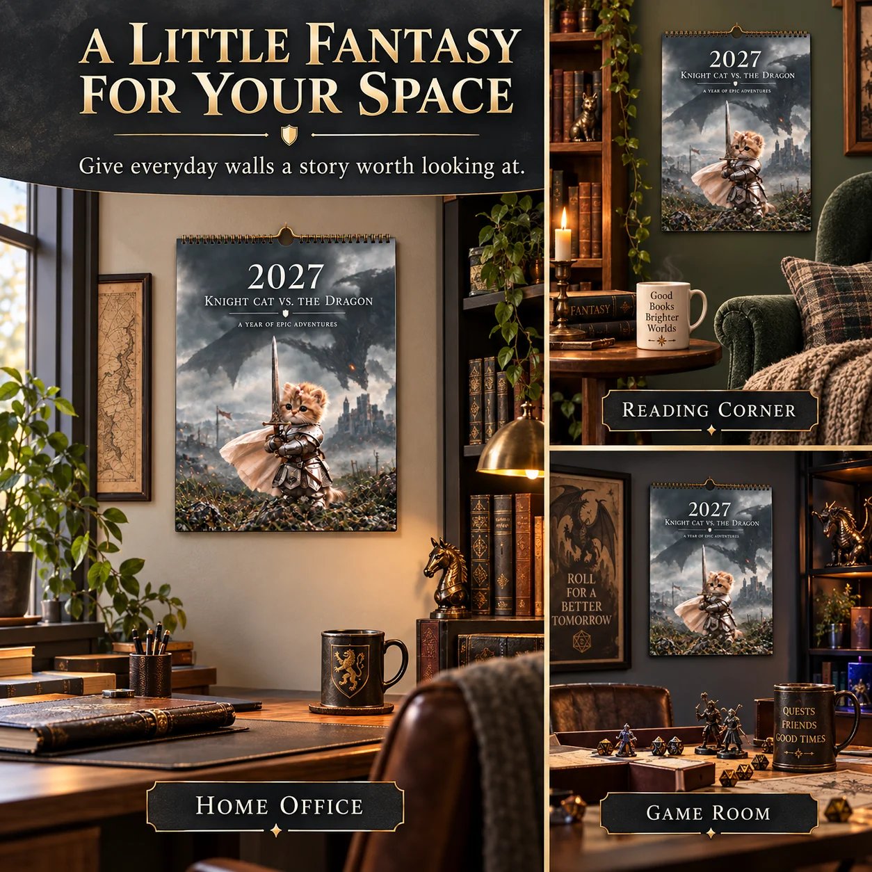 Knight Cat calendar displayed in different rooms as fantasy wall decor