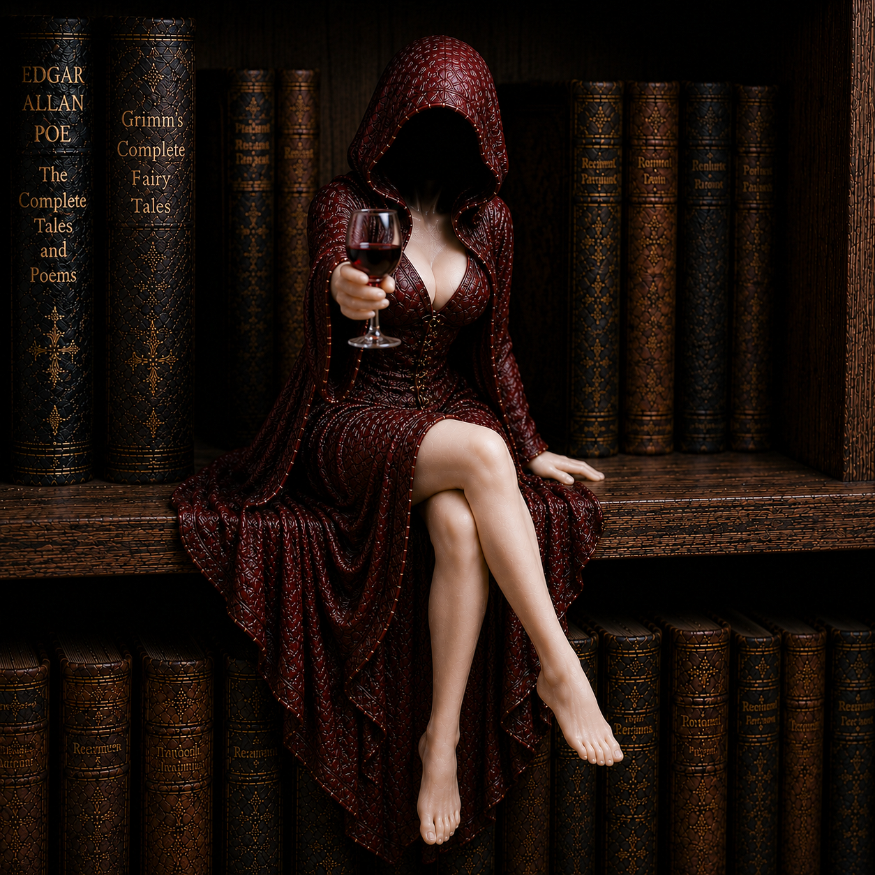 "Midnight Reader" Hooded Wine Muse Bookshelf Statue – Gothic Fantasy Shelf Decor