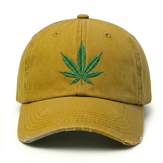 Cannabis Leaf Embroidered Distressed Cap, Vintage Weed Leaf Baseball Cap