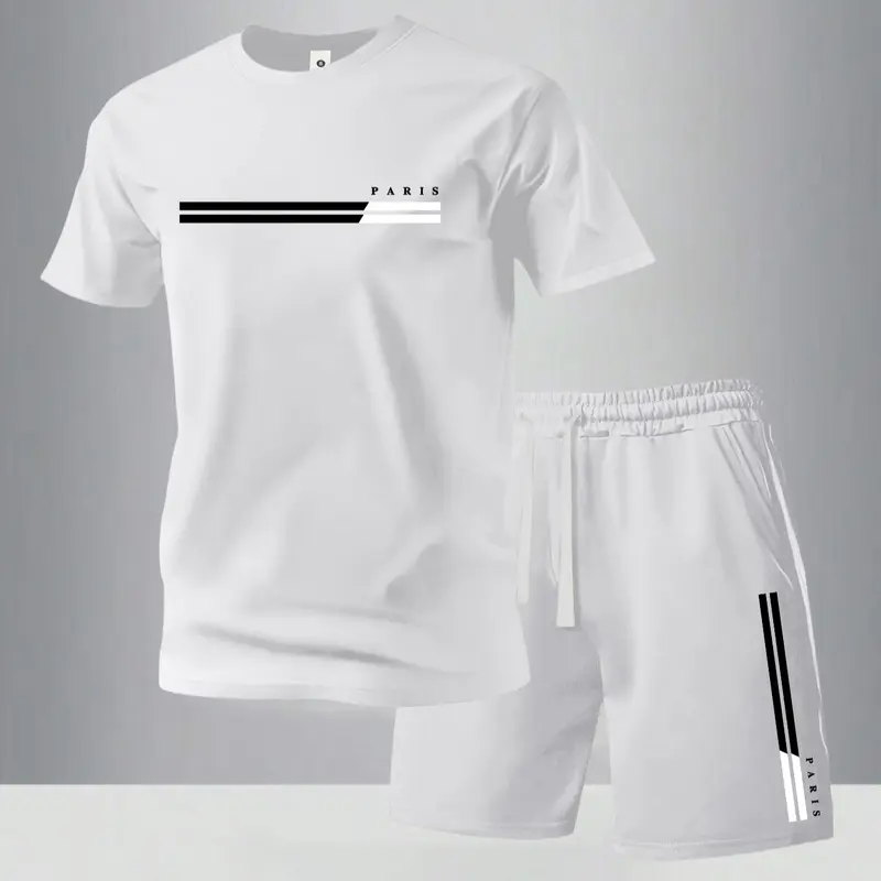 Men's Summer Regular-Fit Cotton Short-Sleeve T-Shirt and Shorts Set with Paris Letter Print