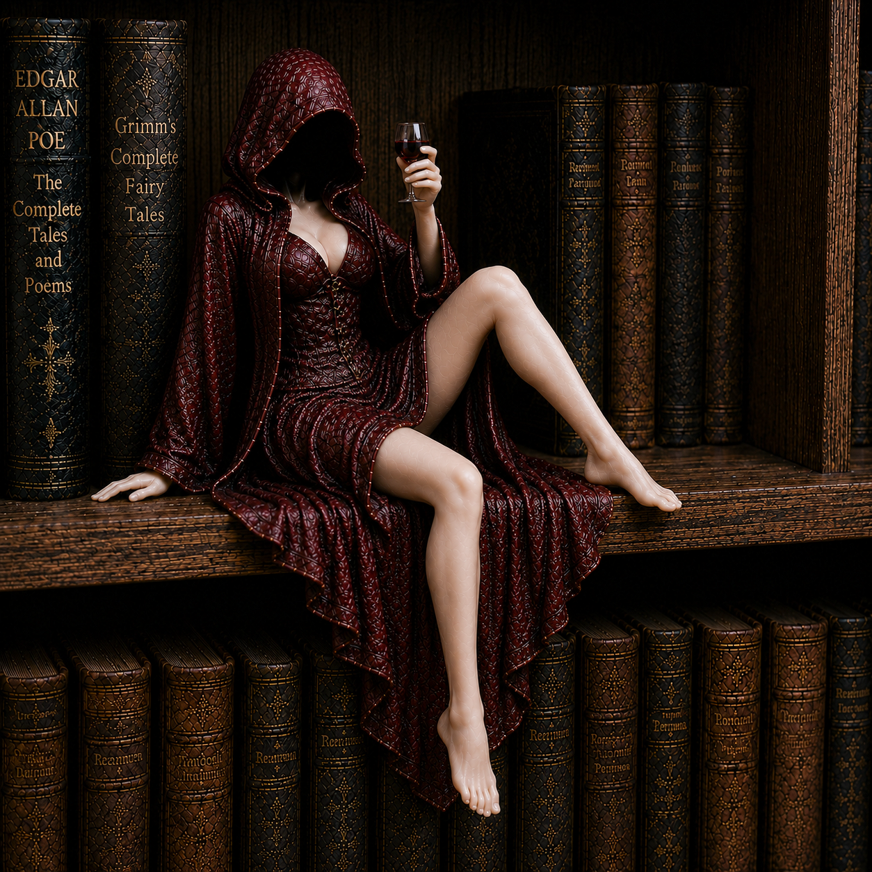 "Midnight Reader" Hooded Wine Muse Bookshelf Statue – Gothic Fantasy Shelf Decor