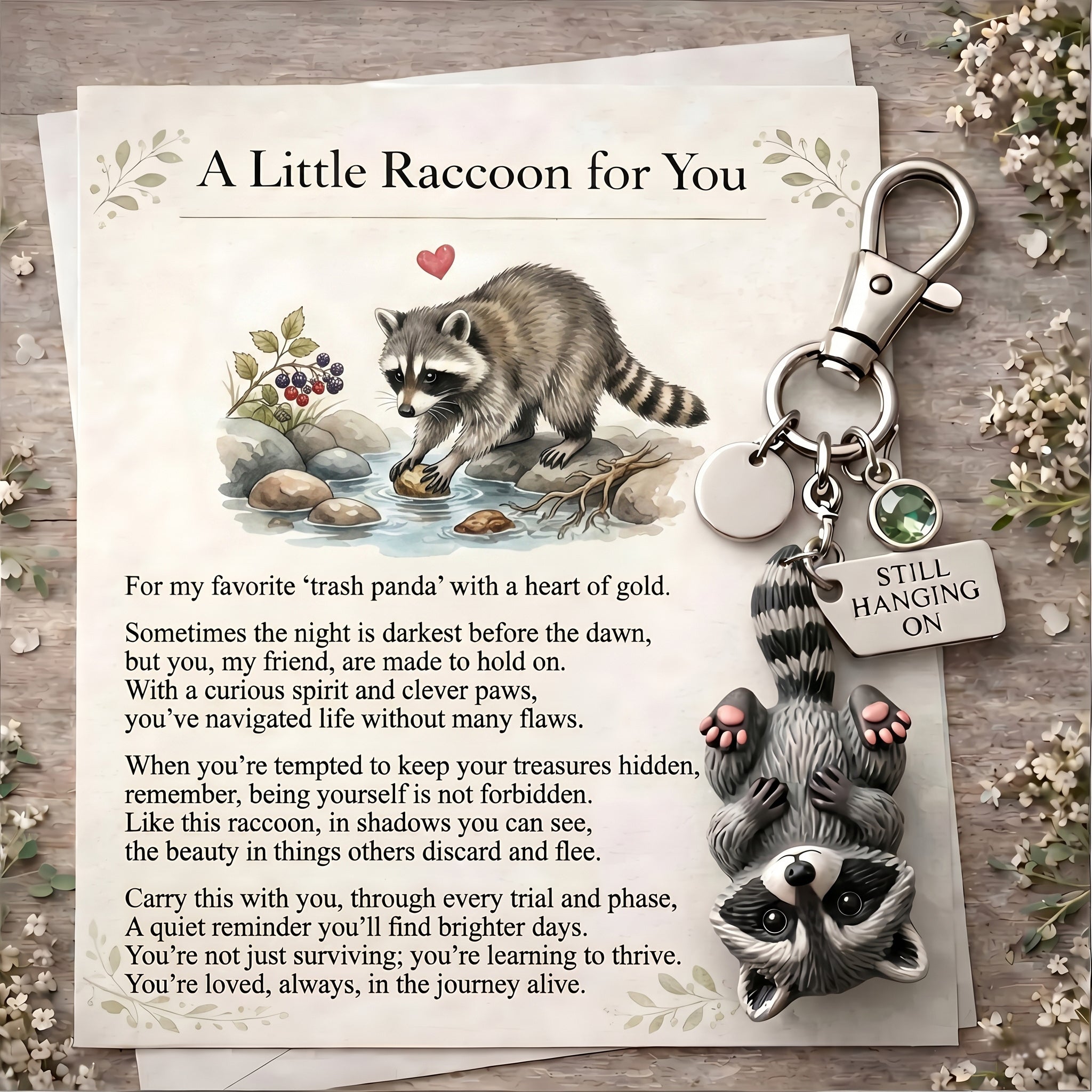 🦝 Still Hanging On Trash Panda Keychain & Keepsake Card Set | The Perfect Encouragement Gift 💖