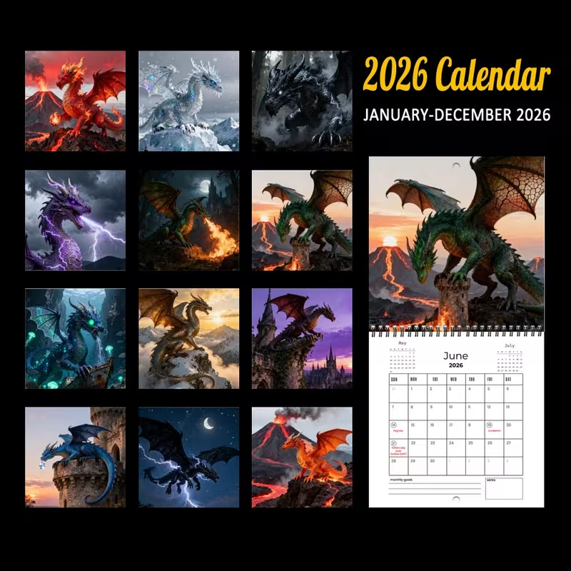 🐲2026 Dragon Fantasy Wall Calendar – Spiral Calendar with Epic Dragon Artwork | Perfect Christmas Gift for Dragon Lovers💥