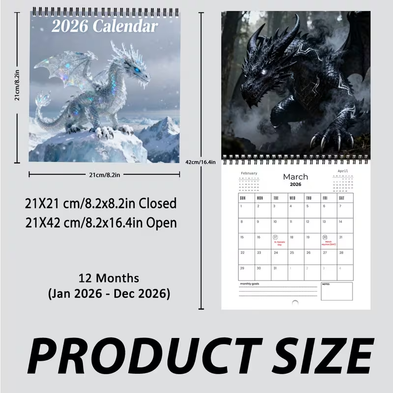 🐲2026 Dragon Fantasy Wall Calendar – Spiral Calendar with Epic Dragon Artwork | Perfect Christmas Gift for Dragon Lovers💥