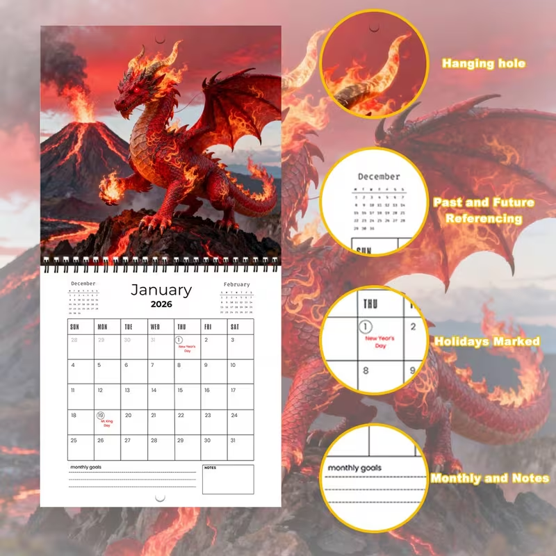🐲2026 Dragon Fantasy Wall Calendar – Spiral Calendar with Epic Dragon Artwork | Perfect Christmas Gift for Dragon Lovers💥