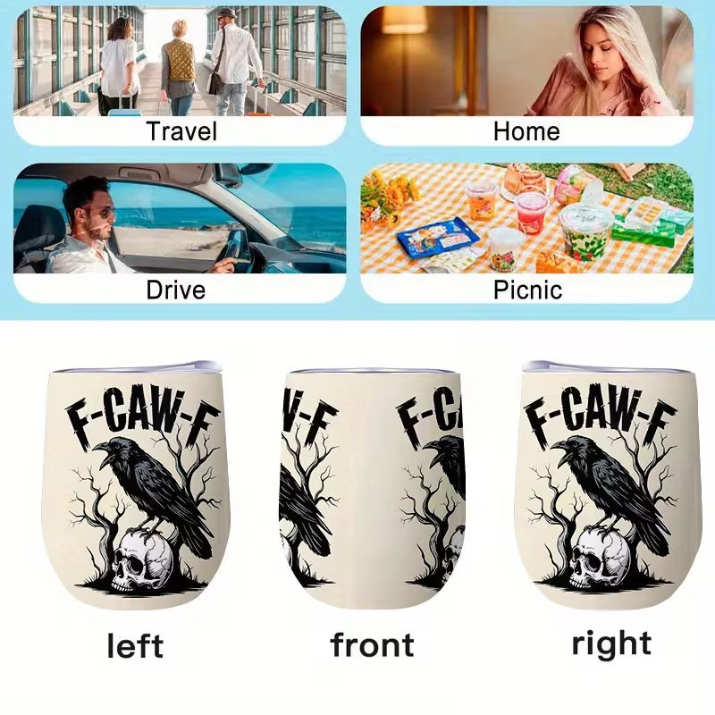 🖤 Gothic Raven Skull Gift Tumbler – Heavy-Duty Stainless Steel Cup with F-CAW-F Design☕