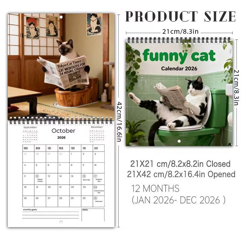 🐱Funny Cat Bathroom Calendar 2026 – Hilarious 12-Month Wall Calendar for Cat Lovers & Home Décor🤣